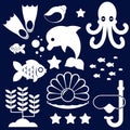 White silhouettes of different sea animals, fish and marine objects on a white background. Royalty Free Stock Photo